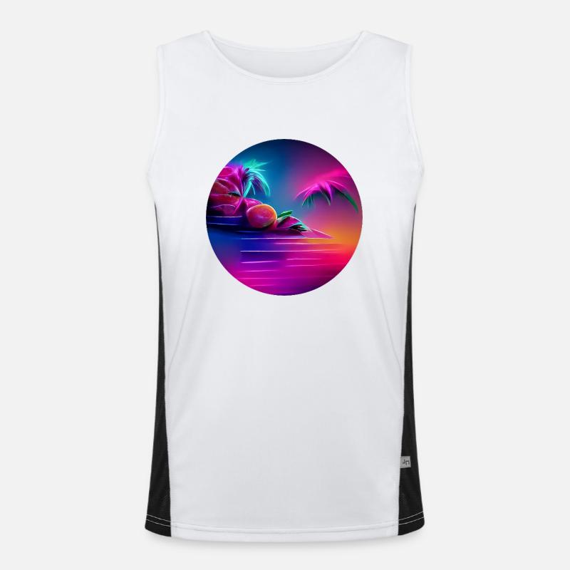 Synthwave illustration with palm trees silhouettes Men's Functional Contrast Tank Top 