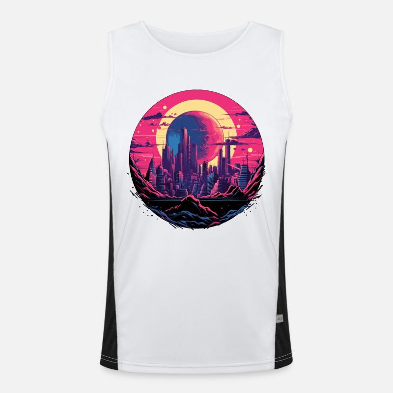 Future city on the mountains planets and synthwave Men's Functional Contrast Tank Top 