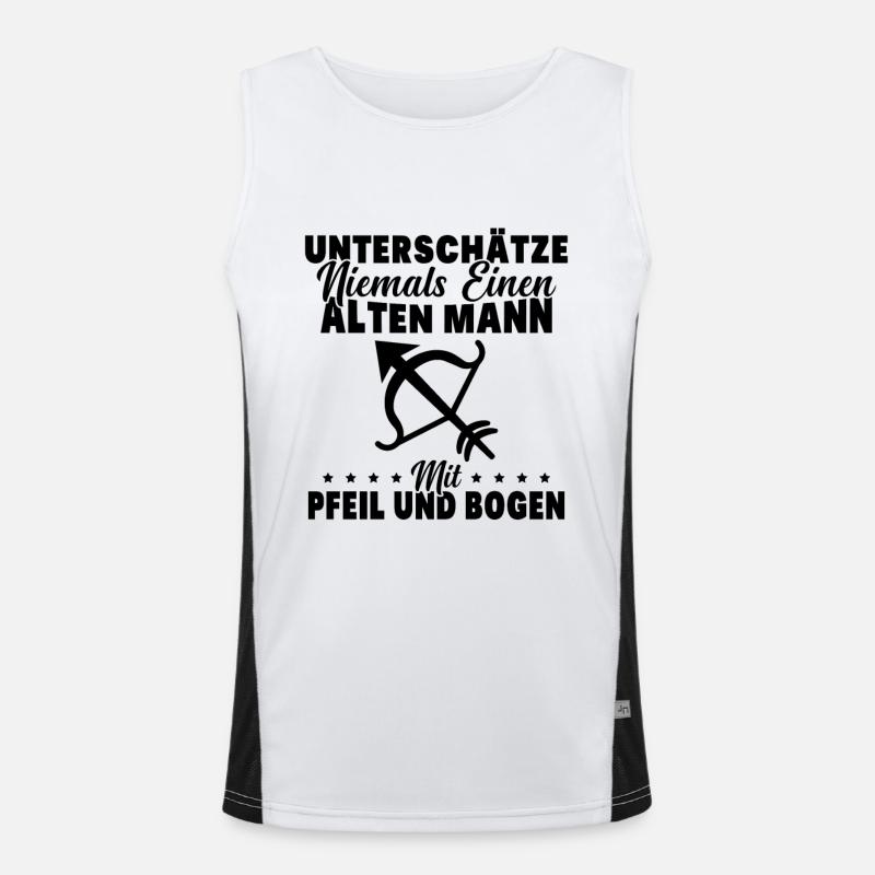 Unterschätze Alten Mann Pfeil und Bogen Spruch Funktionelles Kontrast-Tank Top für Männer 