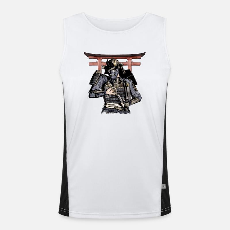 Blauer Samurai zieht sein Katana mit Torii aus der Scheide Funktionelles Kontrast-Tank Top für Männer 