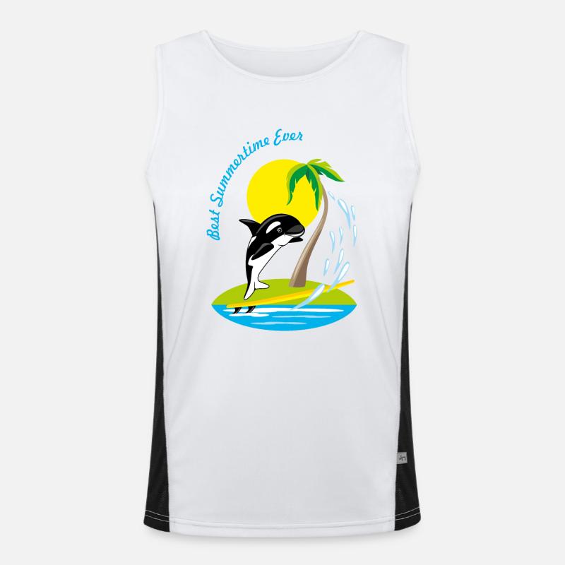 Smiling cartoon orca whale on a surfboard Men's Functional Contrast Tank Top 