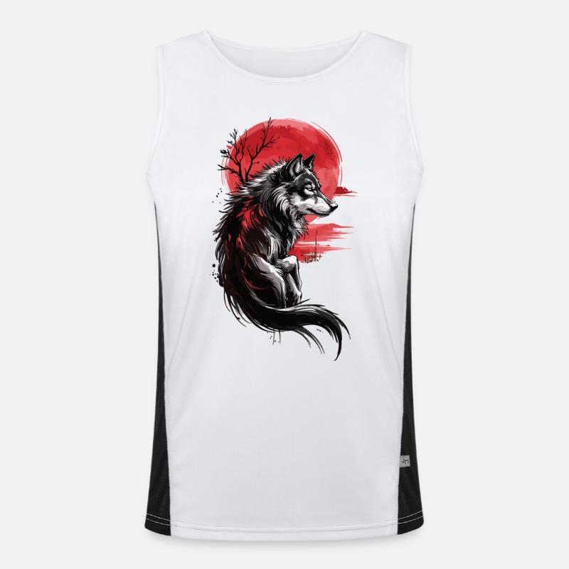 Wild wolf in front of red sun Men's Functional Contrast Tank Top 