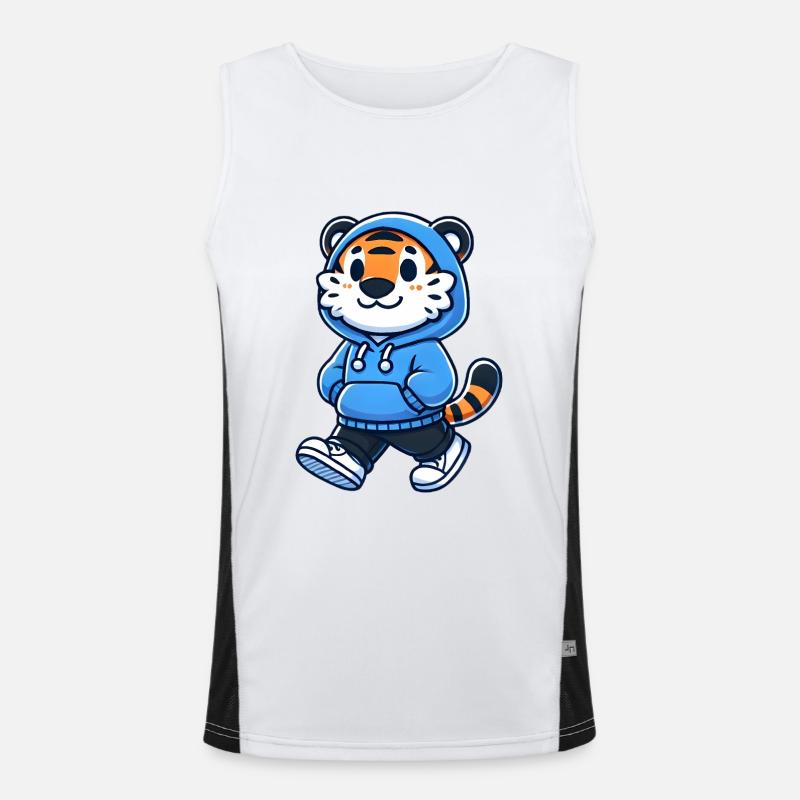 Cooles Tiger-Maskottchen im blauen Kapuzenpullover Funktionelles Kontrast-Tank Top für Männer 