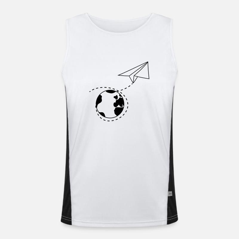 earth world trip dashed line paper airplane folded Men's Functional Contrast Tank Top 