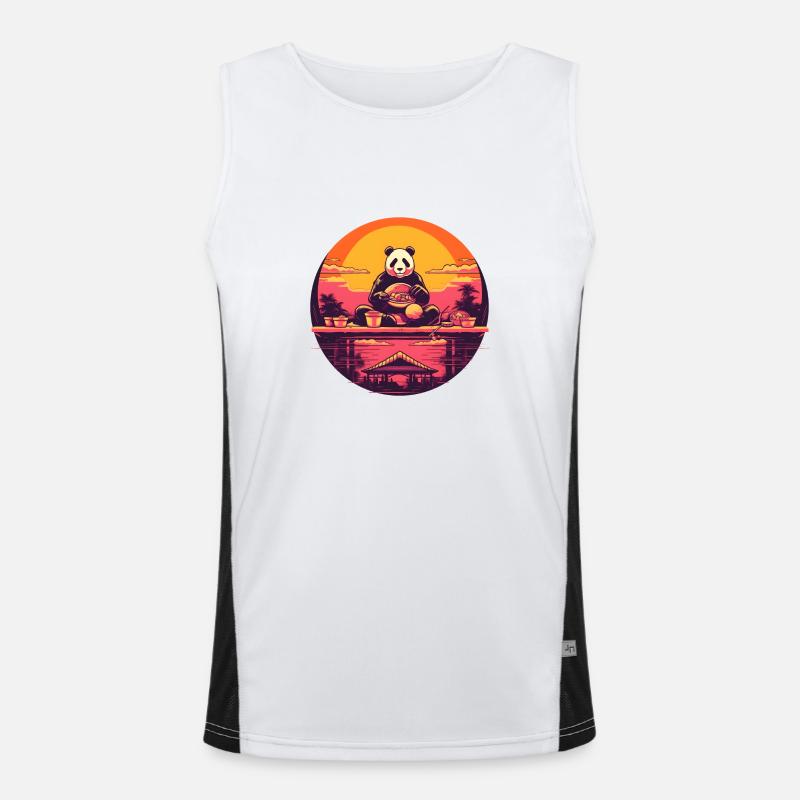 Synthwave eating Panda Japan Sunset Funktionelles Kontrast-Tank Top für Männer 