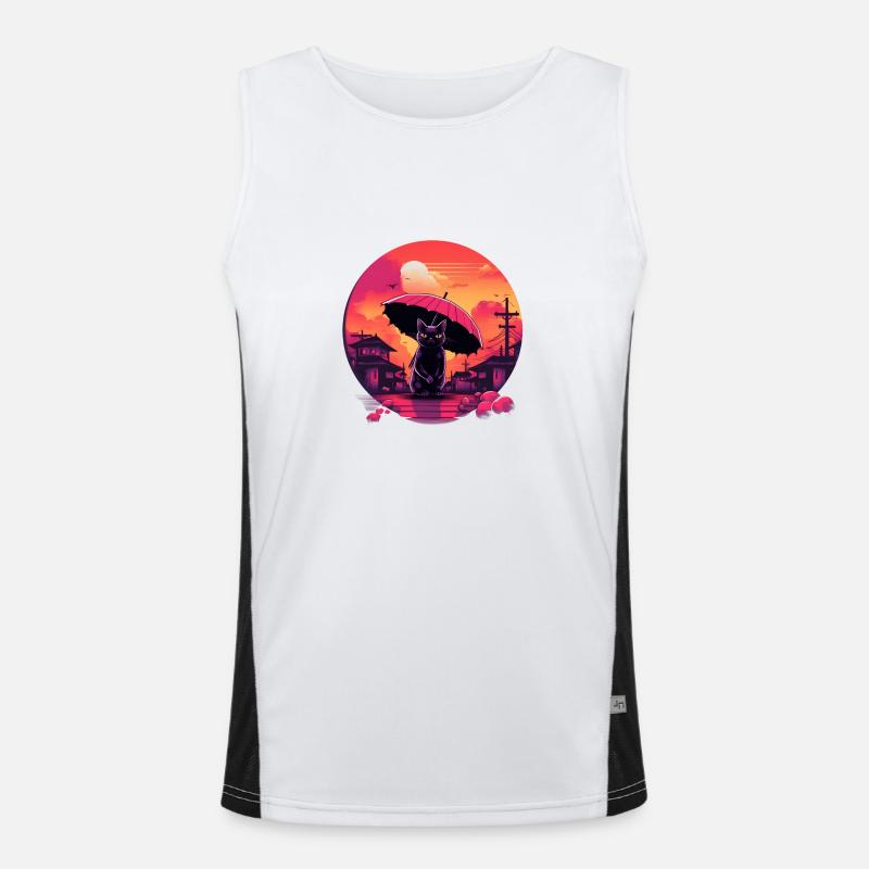 Synthwave japan Cat with umbrella - Men's Functional Contrast Tank Top  - white/black
