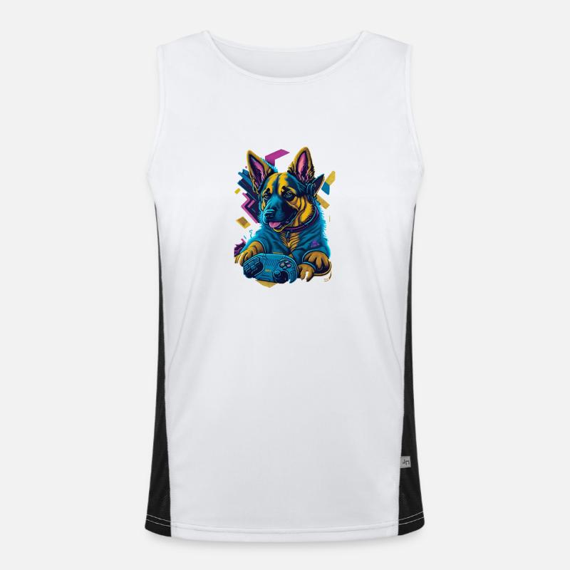 German Shepherd puppy plays with game control - Men's Functional Contrast Tank Top  - white/black