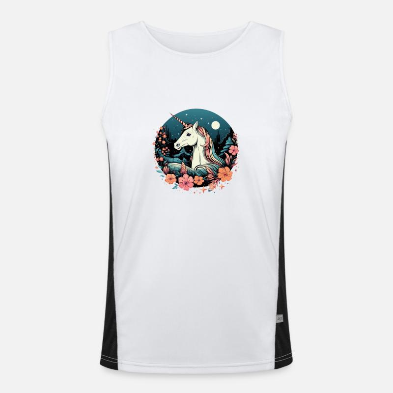 Logo de licorne élégant la nuit avec des fleurs Débardeur respirant contrasté Homme 