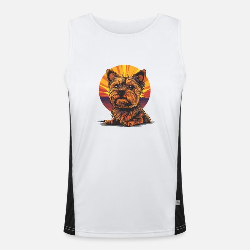 Yorkshire Terrier devant un dessin animé au coucher du soleil Débardeur respirant contrasté Homme 