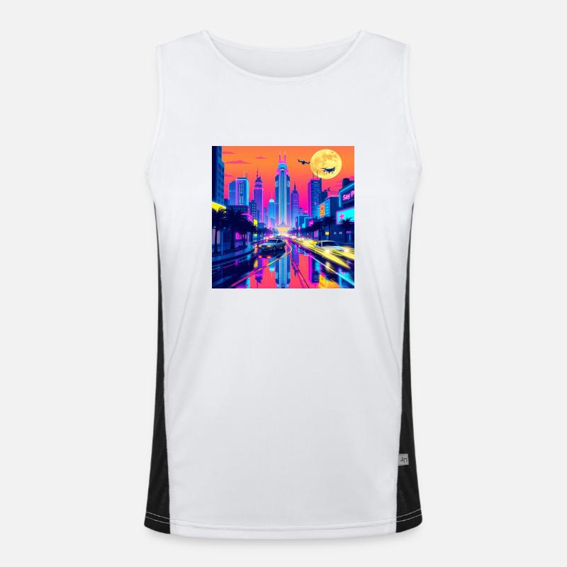 Retro Wave Stadtbild: Eine nostalgische Reise durch Funktionelles Kontrast-Tank Top für Männer 