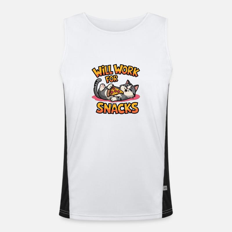 Will Work for Snacks – Lustige Katze mit Pizza Funktionelles Kontrast-Tank Top für Männer 