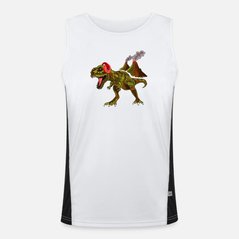 Dinosaurier mit Kopfhörern vor Vulkan Funktionelles Kontrast-Tank Top für Männer 