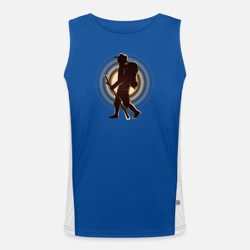 Pilgrim or hiker with walking stick & backpack Men's Functional Contrast Tank Top 