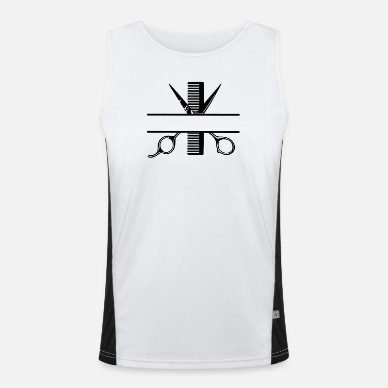 Textbanner Logo Friseur, Schere mit Kamm Funktionelles Kontrast-Tank Top für Männer 