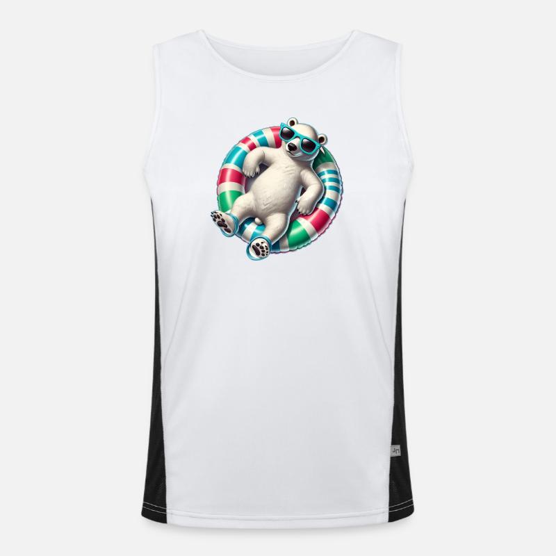 Ein relaxter Eisbär auf einem Schwimmreifen Funktionelles Kontrast-Tank Top für Männer 