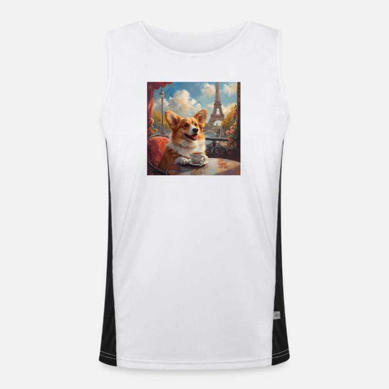 Corgi buvant du café devant la Tour Eiffel à Paris Débardeur respirant contrasté Homme 