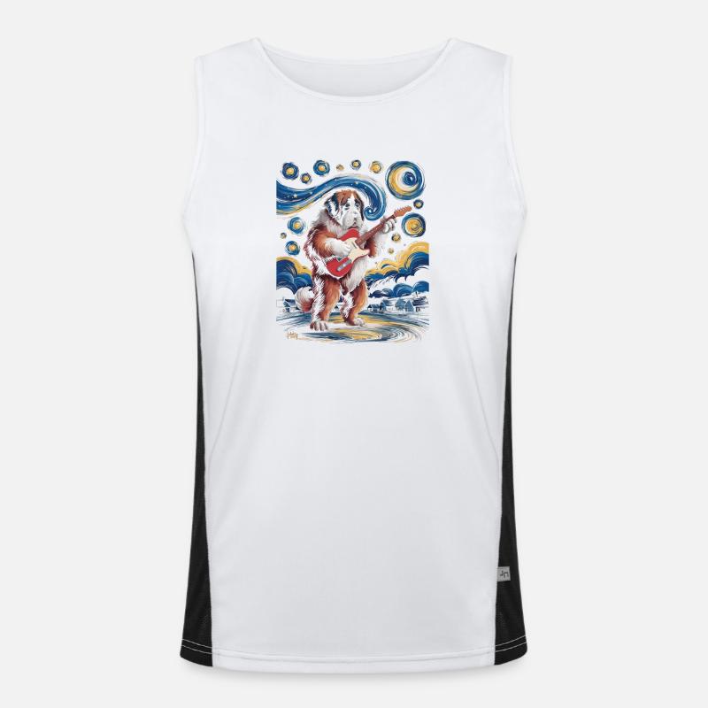 Dog with guitar under starry sky Men's Functional Contrast Tank Top 