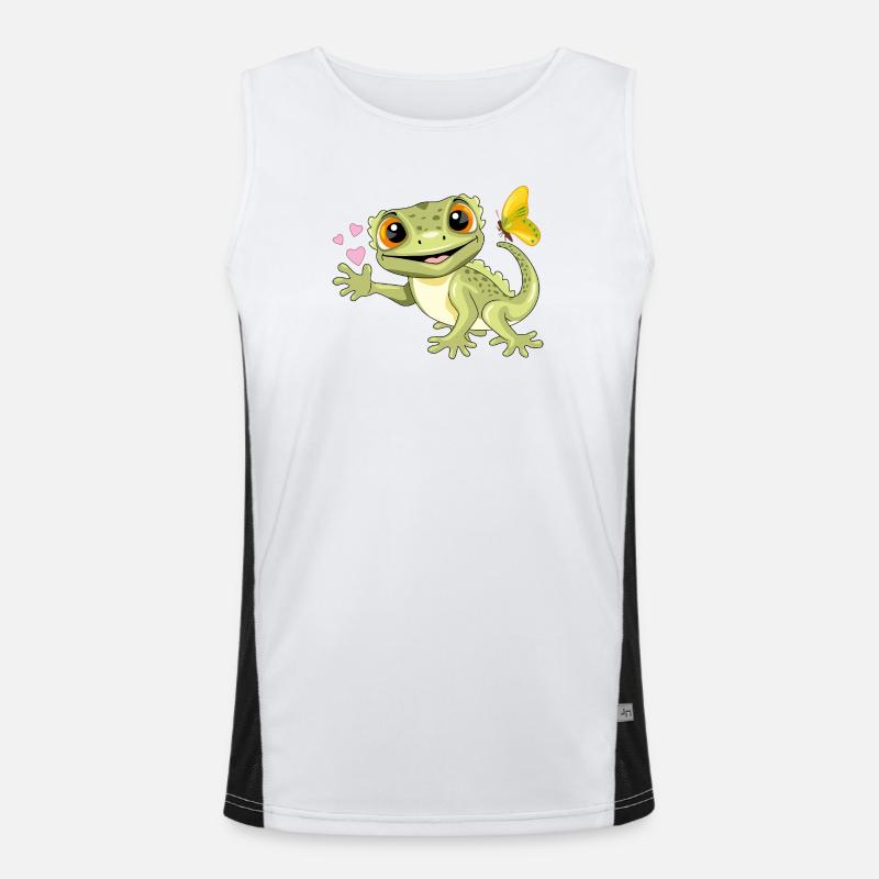 Lustiger lächelnder Gecko mit Schmetterling und Herzen Funktionelles Kontrast-Tank Top für Männer 