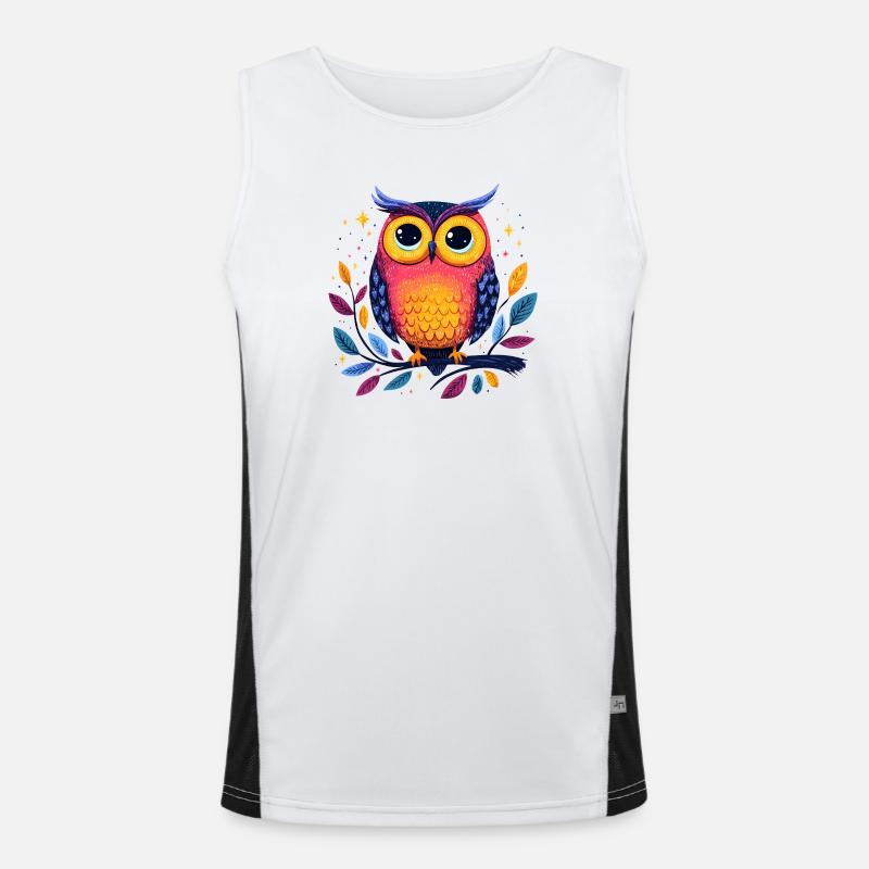 Bunte Eulenillustration auf Ast Funktionelles Kontrast-Tank Top für Männer 