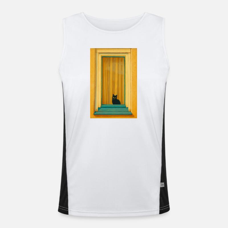 Cat in Turquoise Window Frame Men's Functional Contrast Tank Top 