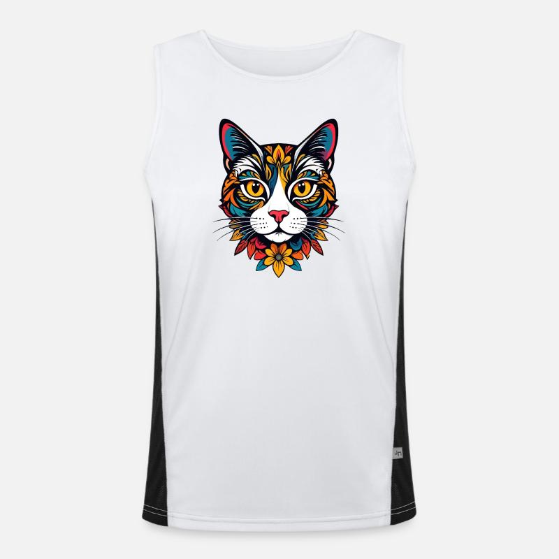 Bunter Katzenkopf mit floralem Muster Katze Motiv Funktionelles Kontrast-Tank Top für Männer 