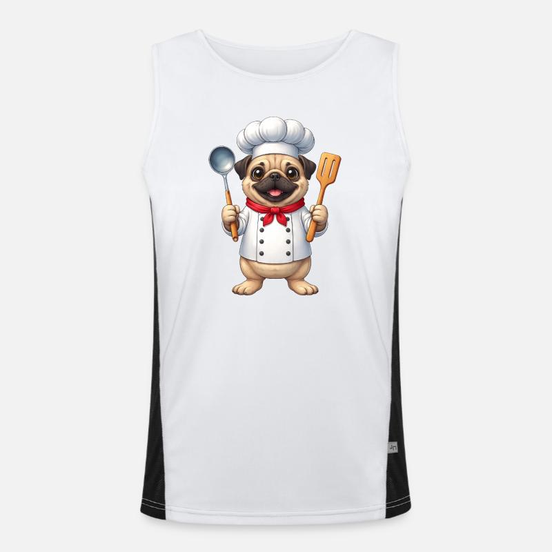 Süßer Mops beim Kochen Cartoon Spaß Essen Funktionelles Kontrast-Tank Top für Männer 