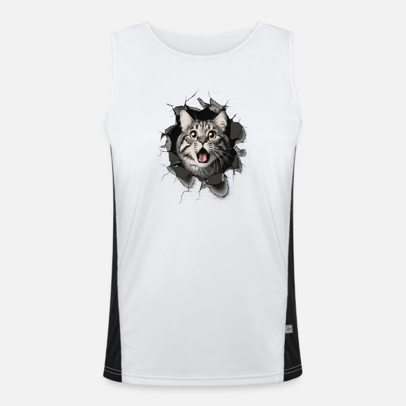 Katze erschrocken Mauer Durchbruch Risse  Funktionelles Kontrast-Tank Top für Männer 