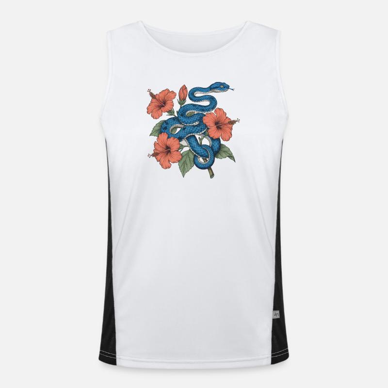 Azure Serpent Amid Hibiscus - Funktionel kontrast tanktop til herrer - hvid/sort