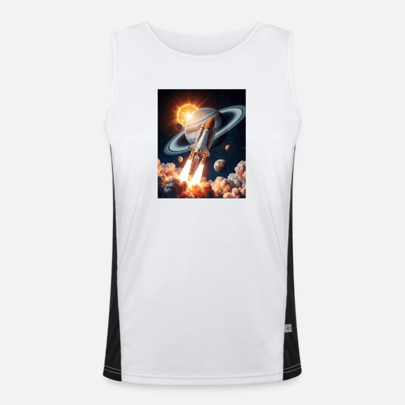 Rocket through Saturn's rings in space Men's Functional Contrast Tank Top 