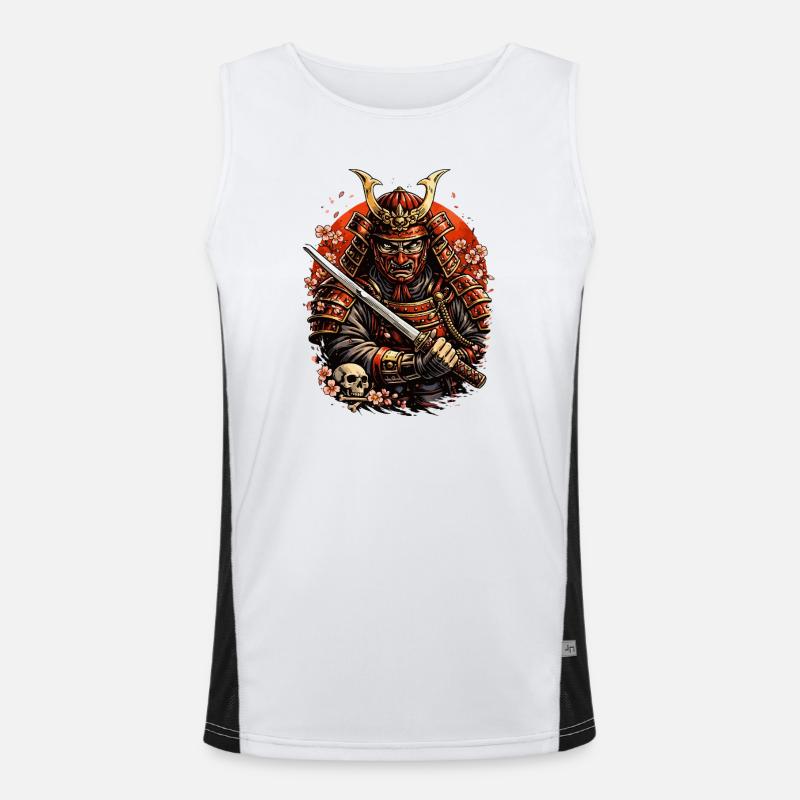 Samurai with cherry blossoms and skull - Men's Functional Contrast Tank Top  - white/black