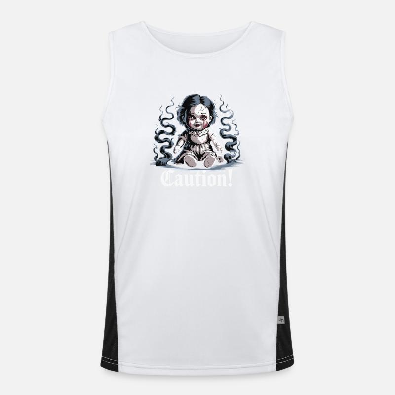 Creepy Doll with Caution Text - Men's Functional Contrast Tank Top - white/black