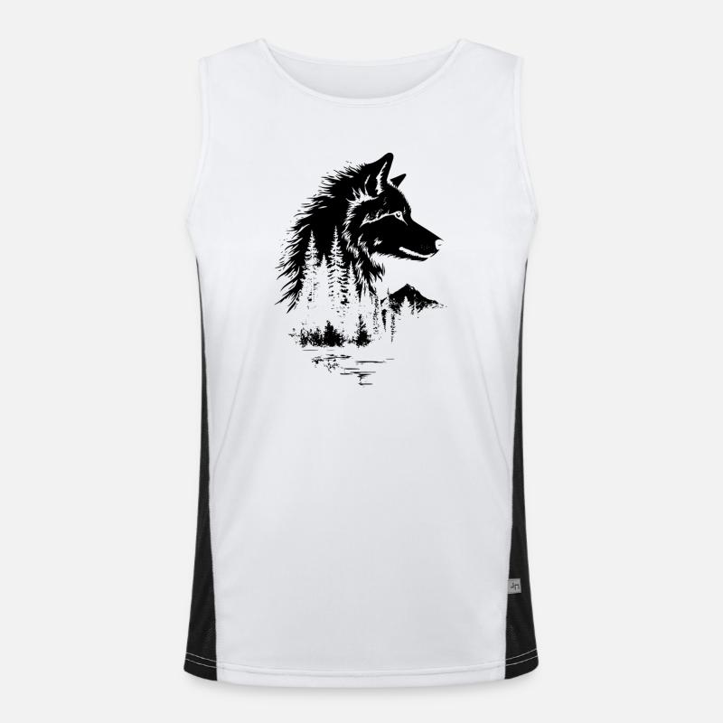 Wolf Gesicht Wald Silhouette Funktionelles Kontrast-Tank Top für Männer 