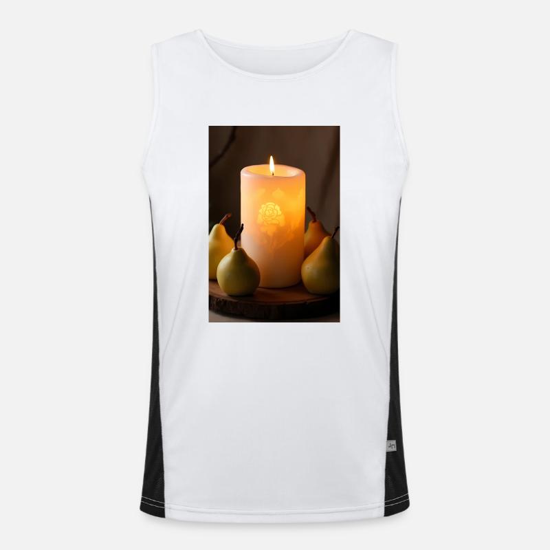 Burning candle with pears on rustic wood Men's Functional Contrast Tank Top 