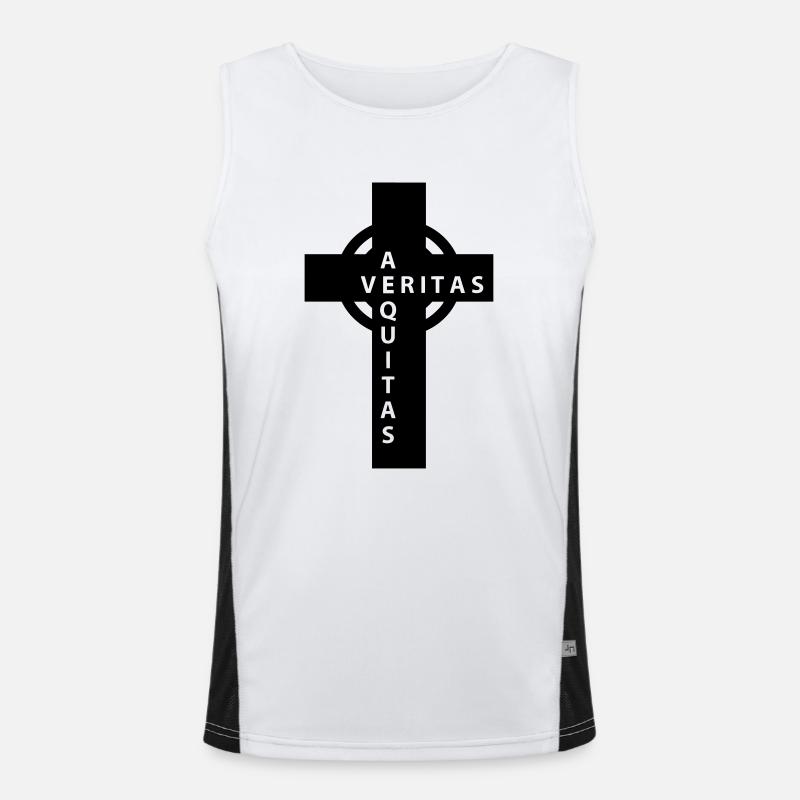 Cross with the writing Veritas Aequitas. Men's Functional Contrast Tank Top 