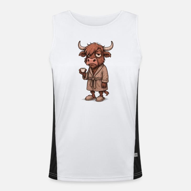 Grumpy Highland Cow with Coffee – Morning Grouch Men's Functional Contrast Tank Top 