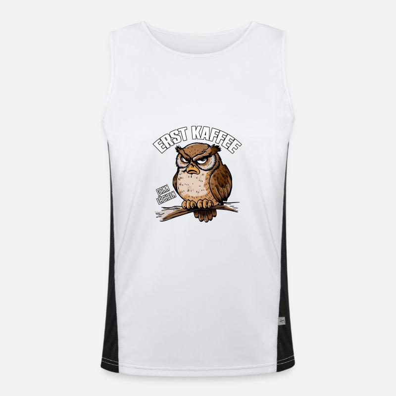 Erst Kaffee dann Lächeln schläfrige Eule Funktionelles Kontrast-Tank Top für Männer 