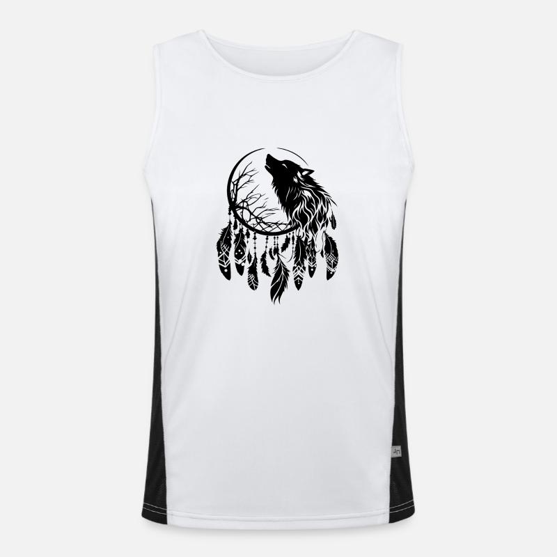 Dreamcatcher, Wolf, Moon, Nature, Tree, Tribal Style Men's Functional Contrast Tank Top 