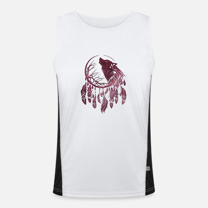 Dreamcatcher, Wolf, Moon, Nature, Tree, Tribal Style Men's Functional Contrast Tank Top 