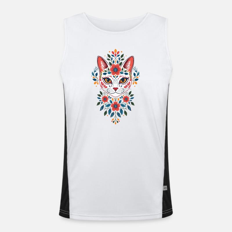 Blumenkatzenkopf im FolkStil Funktionelles Kontrast-Tank Top für Männer 