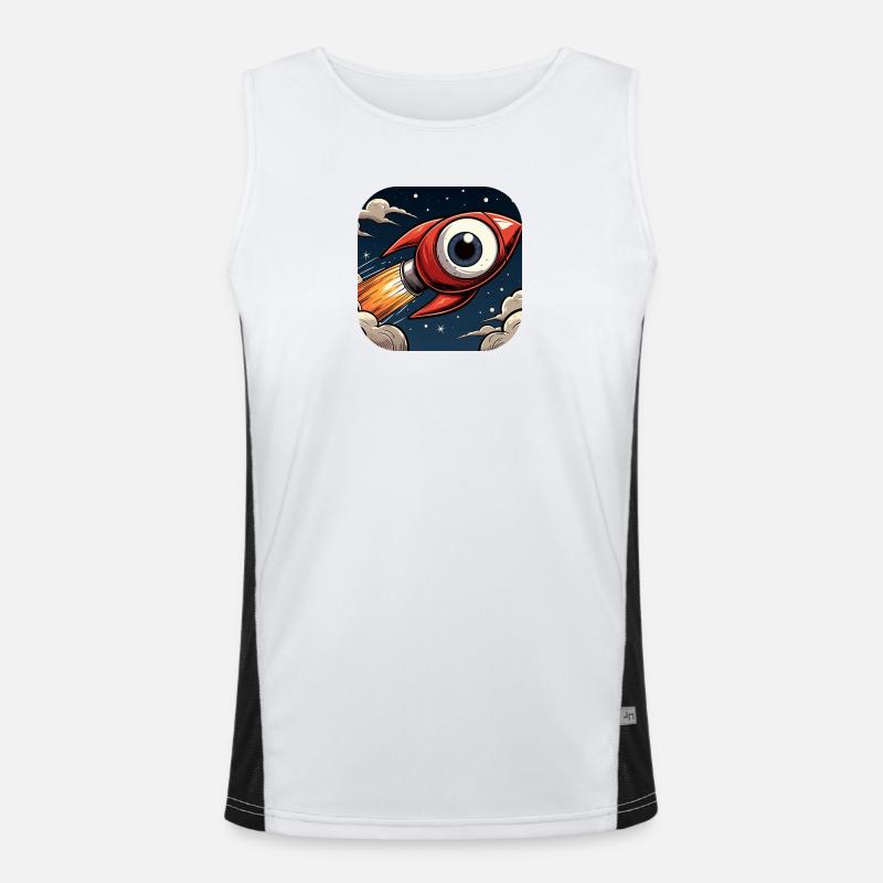Rocket with a big eye takes off into space Comic Men's Functional Contrast Tank Top 