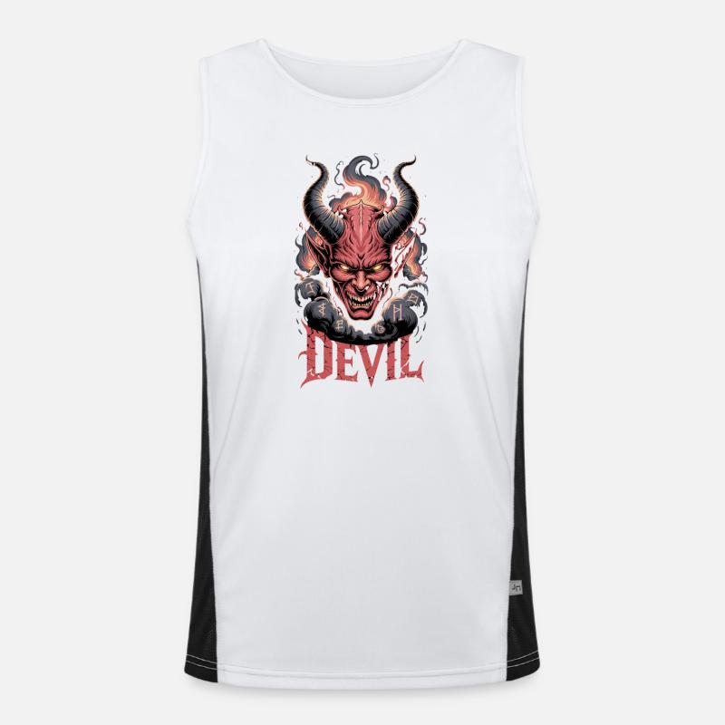 Devil Demonic Head with Horns Flames Runes Men's Functional Contrast Tank Top 