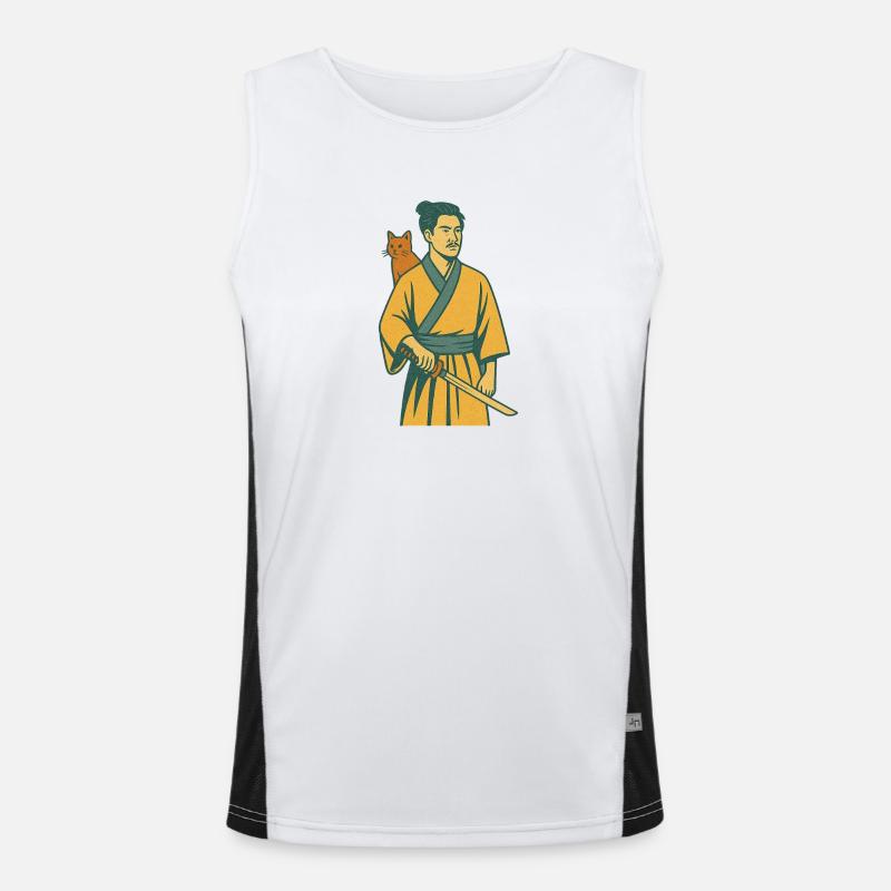 Samurai with Cat - Men's Functional Contrast Tank Top  - white/black