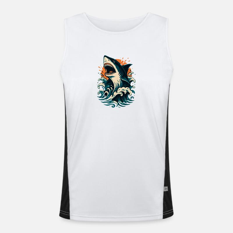 Shark roars through orange waves - Men's Functional Contrast Tank Top  - white/black