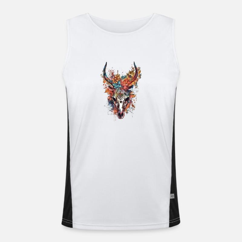 Boho Gazellen Schädel mit Blumen und Wasserfarben Funktionelles Kontrast-Tank Top für Männer 
