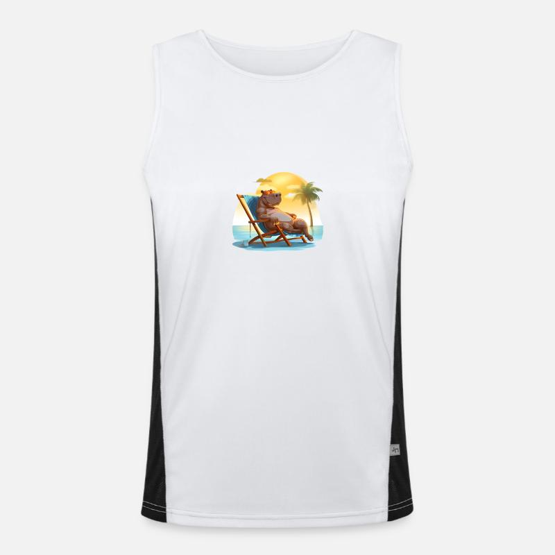 sunbathing hippo on the beach in a deck chair Men's Functional Contrast Tank Top 