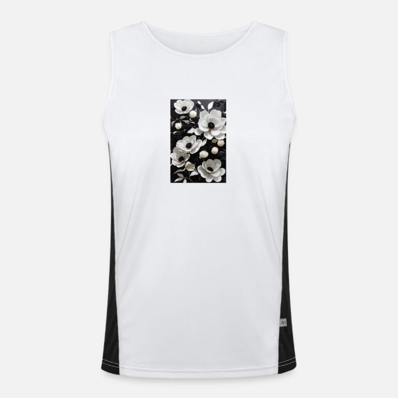 Weiße Blüten vor schwarzem Hintergrund. Funktionelles Kontrast-Tank Top für Männer 