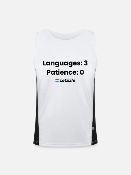 Languages: 3, Patience: 0 – Multilingual humor - Men's Functional Contrast Tank Top  - white/black - Front