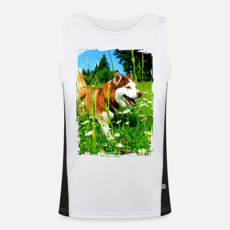 Husky dans un champ de fleurs Débardeur respirant contrasté Homme 