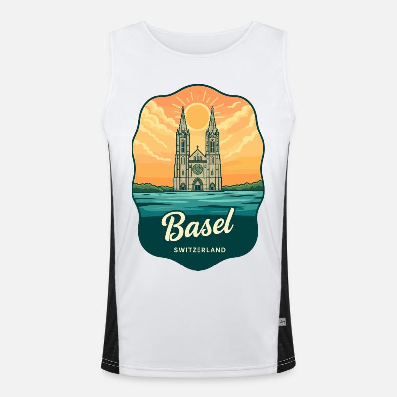 Basel Minster Retro Sonnenuntergangs-Reiseabzeichen Funktionelles Kontrast-Tank Top für Männer 