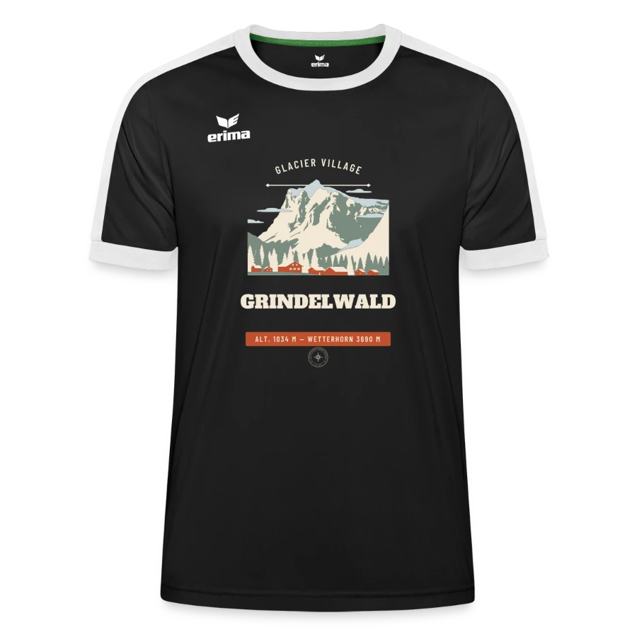 Grindelwald badge on a erima unisex retro star jersey, black/white, front